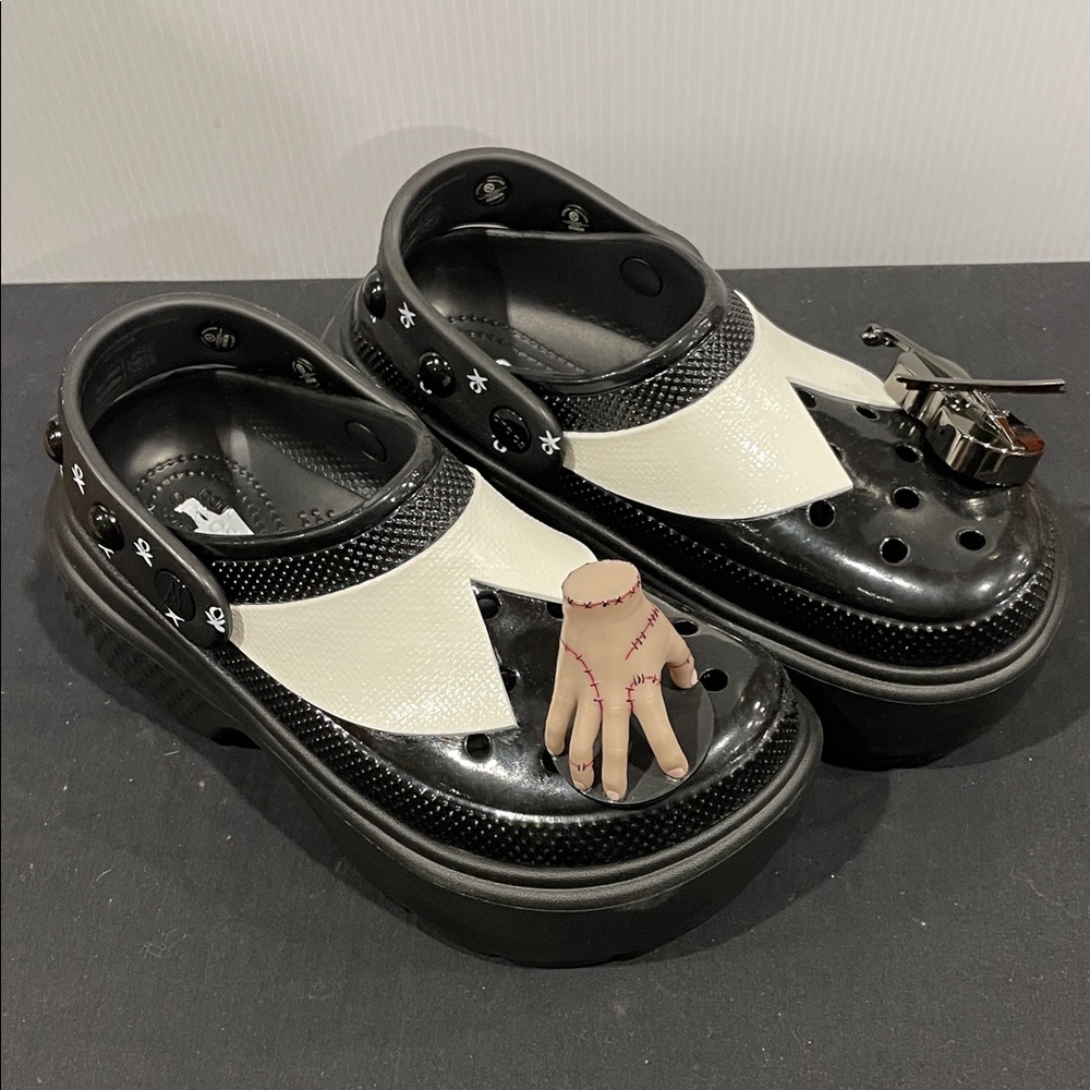 Brand new Wednesday crocs with 2 Jibbetz